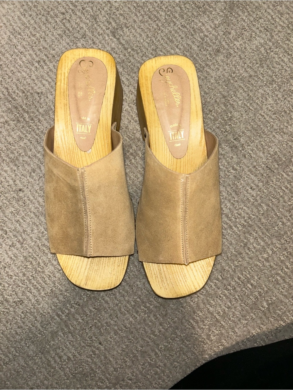Pollini Tan Suede Slide Mules with Wood-Effect Block Heel
